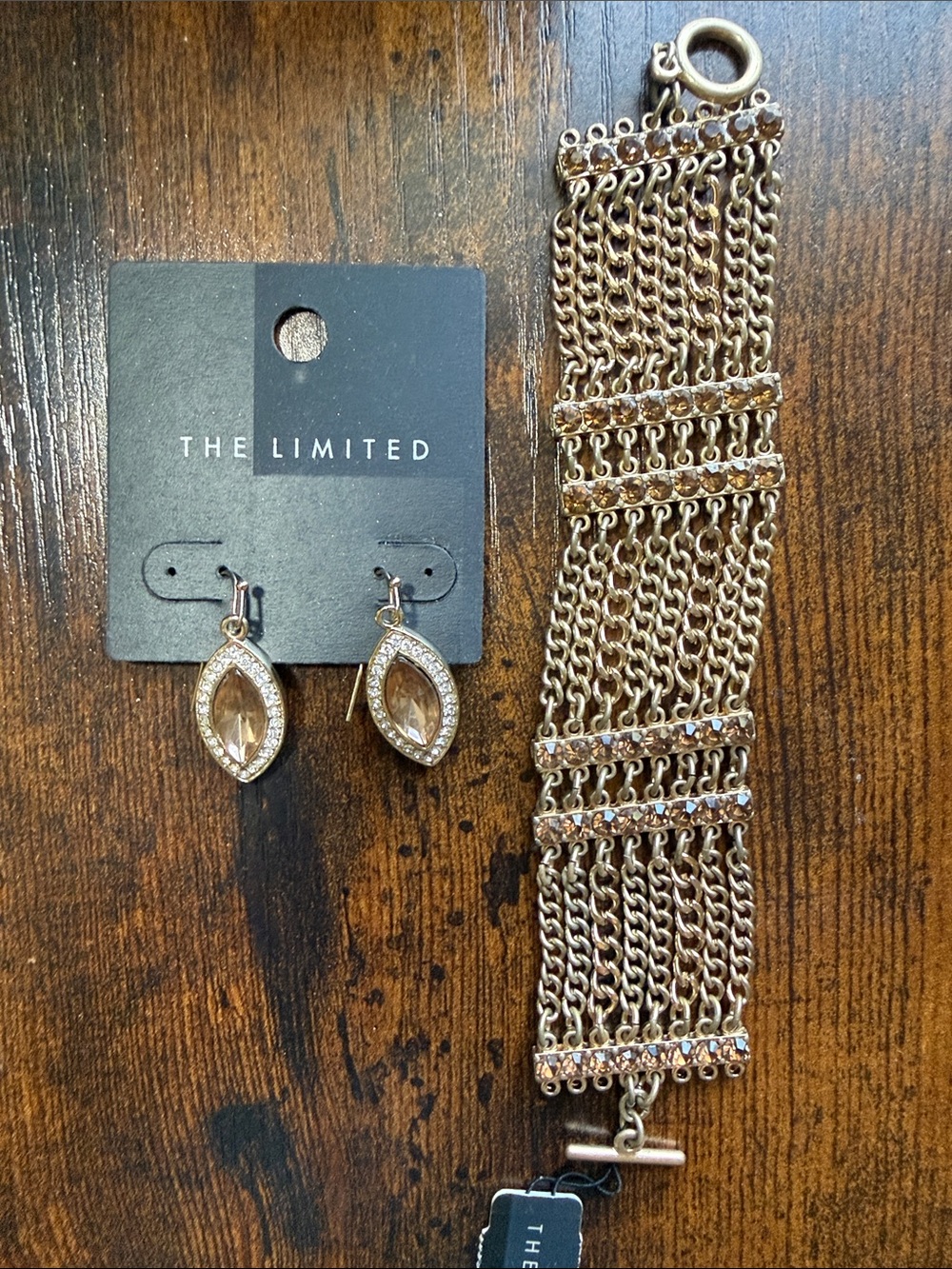 The Limited Champagne Crystal Drop Earrings with Matching Chain Bracelet